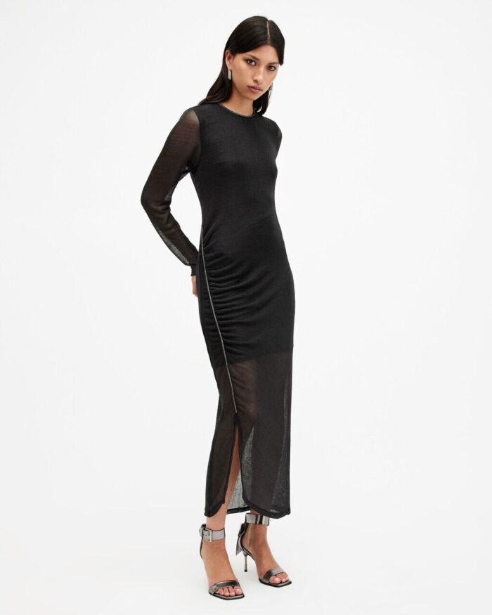 All Saints - Nora Ruched Sparkle Midi Dress - Image 5