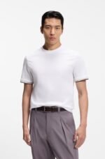 BOSS-Cotton-jersey T-shirt with signature-stripe cuffs