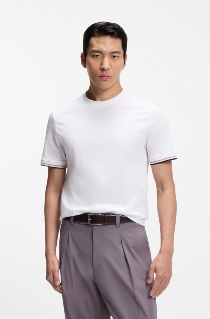 BOSS-Cotton-jersey T-shirt with signature-stripe cuffs - Image 3