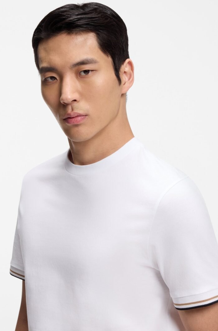 BOSS-Cotton-jersey T-shirt with signature-stripe cuffs - Image 4