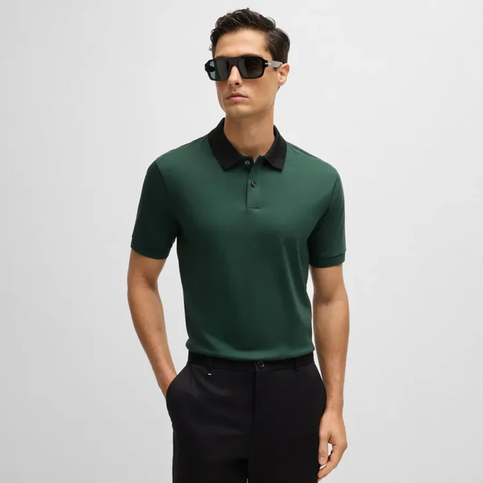 Hugo Boss Men's Polo Shirt Mercerized-cotton Slim-fit Polo Shirt With Collar Stripes 50521127 385 Blue Green - Image 3