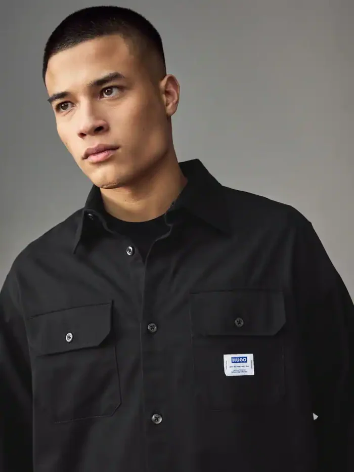 HUGO- Black Hugo Logo Label Cotton Twill Shirt - Image 2