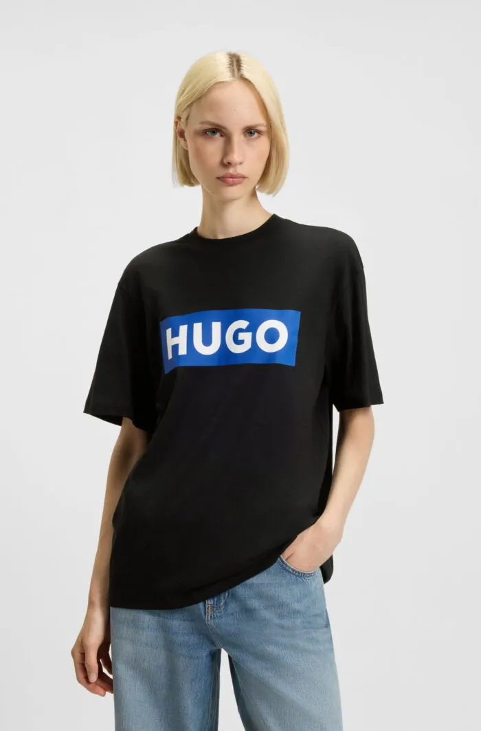 Cotton-jersey T-shirt with blue logo print - Image 3