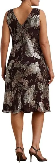 Ralph Lauren-Womens Floral Metallic Jacquard Cocktail Dress 6 Burgundy - Image 2