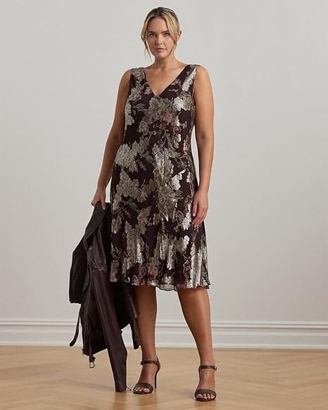 RA-DR-0040 (3) Ralph Lauren-Womens Floral Metallic Jacquard Cocktail Dress 6 Burgundy - Image 1