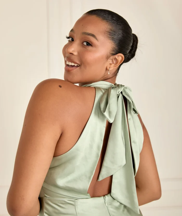 six stores-Halter Neck Satin Bridesmaid Dress - Moss Green - Image 4