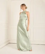 six stores-Halter Neck Satin Bridesmaid Dress - Moss Green - Image 2