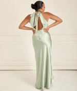 six stores-Halter Neck Satin Bridesmaid Dress - Moss Green - Image 3