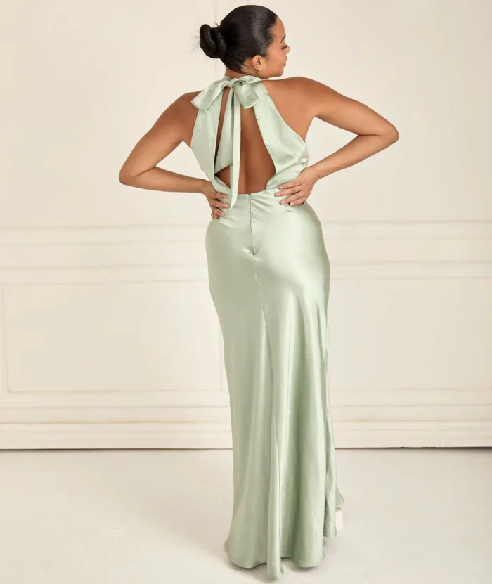 six stores-Halter Neck Satin Bridesmaid Dress - Moss Green - Image 3