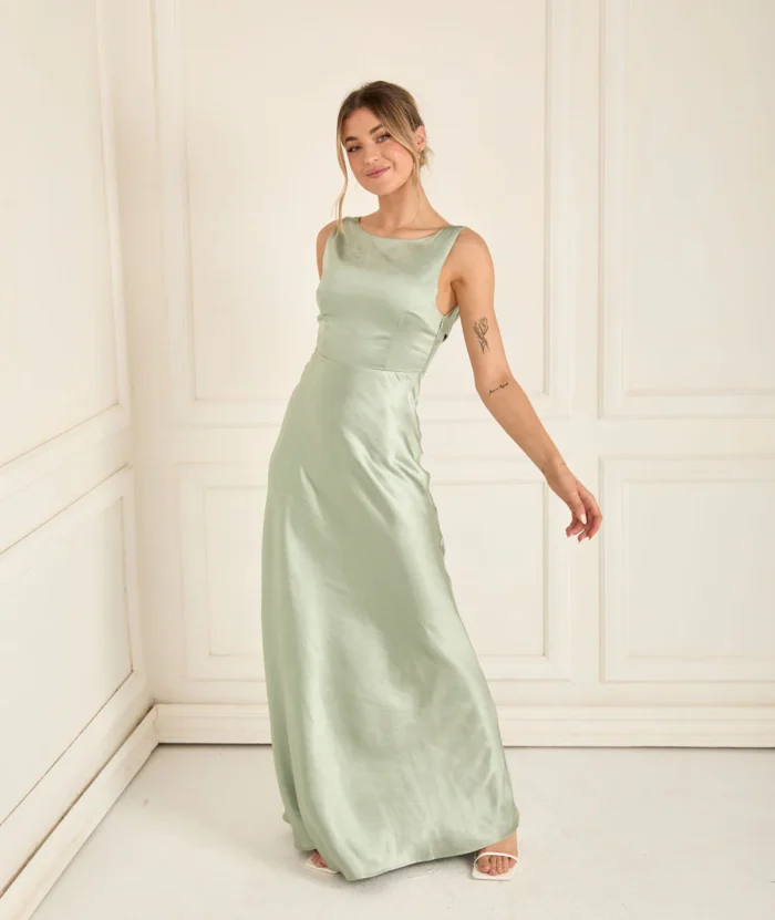 Cowl Back Satin Bridesmaid Dress - Sage - Image 4
