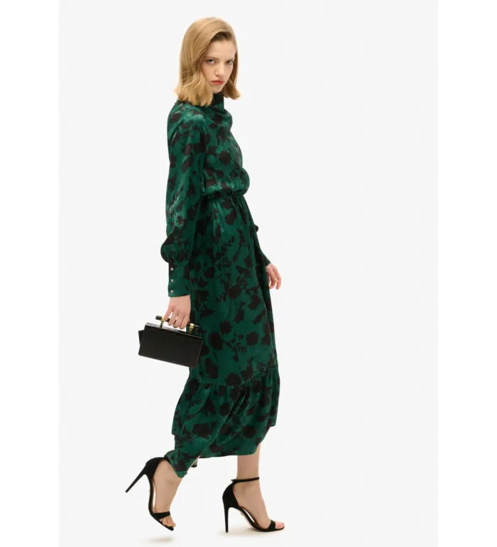 LONG GREEN JACQUARD DRESS WITH TURN-DOWN COLLAR - Image 2