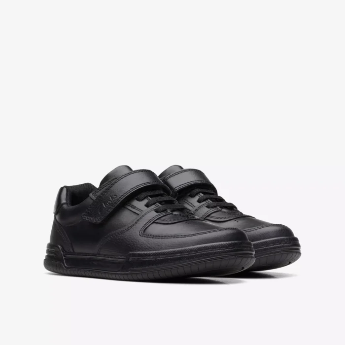 Fawn Lay Kid Black Leather Trainers Riptape School Shoes - Image 2