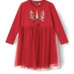 Name It Mini Girl Rjul Long Sleeve Reindeer Dress, Jester Red