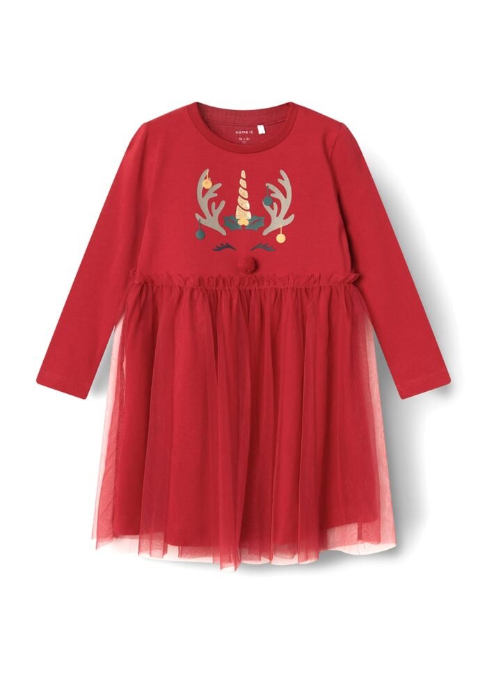 Name It Mini Girl Rjul Long Sleeve Reindeer Dress, Jester Red - Image 3