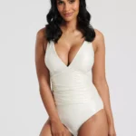 Cream Shimmer Texture Tummy Control Swimsuit With Fixed Cups