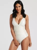 Cream Shimmer Texture Tummy Control Swimsuit With Fixed Cups
