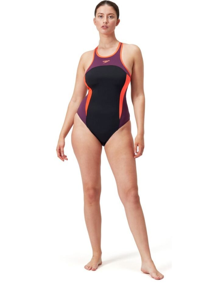 Speedo High Neck Splice Crossback One Piece - Plum/Red - Image 2
