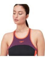 Speedo High Neck Splice Crossback One Piece - Plum/Red - Image 5