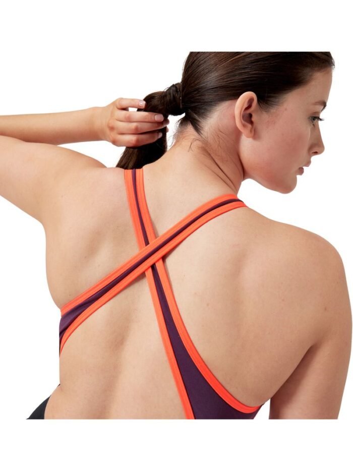 Speedo High Neck Splice Crossback One Piece - Plum/Red - Image 6