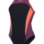 Speedo High Neck Splice Crossback One Piece - Plum/Red