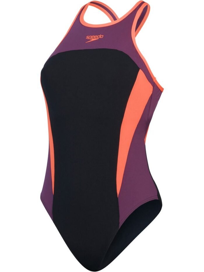 Speedo High Neck Splice Crossback One Piece - Plum/Red - Image 3
