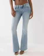 True Religion Joey Low Rise Flare Flap jeans in Peak Spot wash