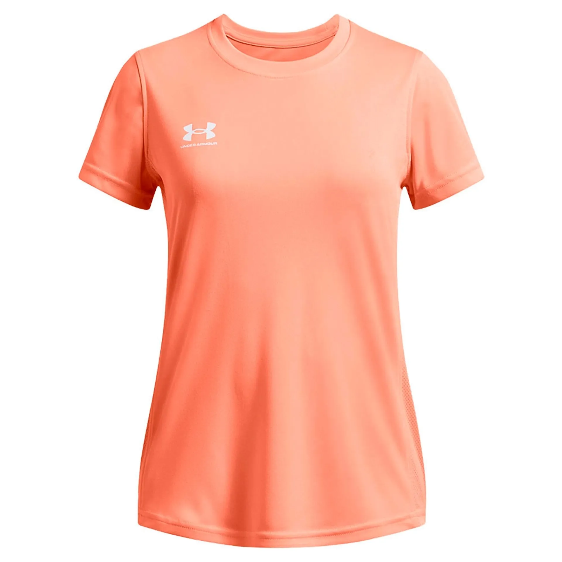 UN-T--1268 (2) Girls' Under Armour Challenger Training Short Sleeve Flare Orange / White YSM (50 - 54 in) - Image 1