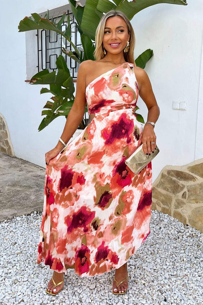Peach Smudge Print One Shoulder Cut Out Pleated Midi Dress - Image 2