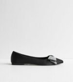 Black Crystal Bow Satin Ballet Flats - Image 3
