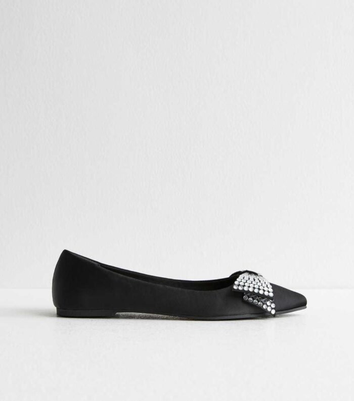 Black Crystal Bow Satin Ballet Flats - Image 3