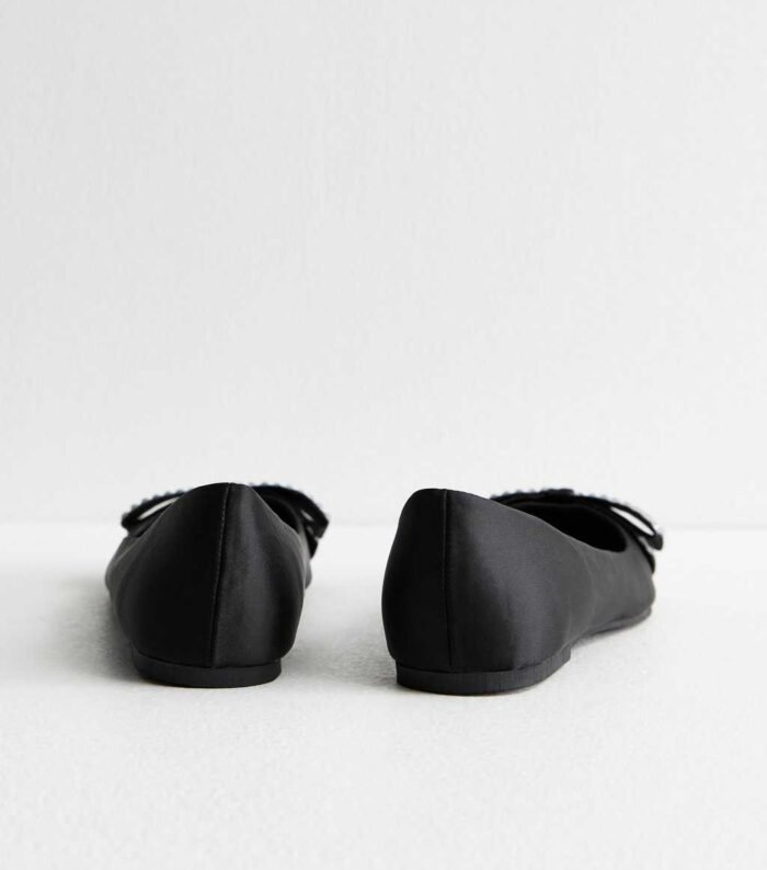 Black Crystal Bow Satin Ballet Flats - Image 4