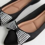 Black Crystal Bow Satin Ballet Flats