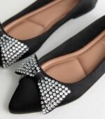 Black Crystal Bow Satin Ballet Flats