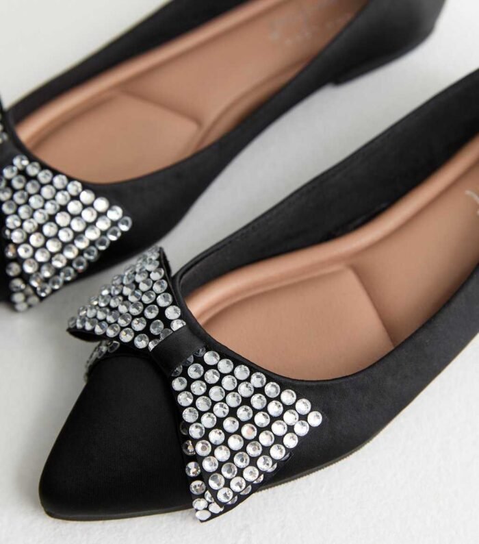 Black Crystal Bow Satin Ballet Flats - Image 5