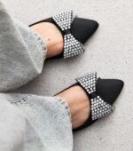 Black Crystal Bow Satin Ballet Flats - Image 2