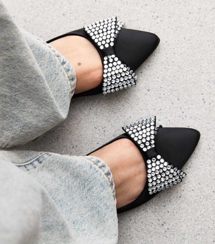 Black Crystal Bow Satin Ballet Flats - Image 2