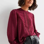 Dobby Lace High Neck Blouse - Maroon