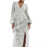 In The Style Perrie Sian Wrap Asymmetric Ruffle Maxi Dress Size 6 Sage Green