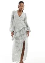 In The Style Perrie Sian Wrap Asymmetric Ruffle Maxi Dress Size 6 Sage Green