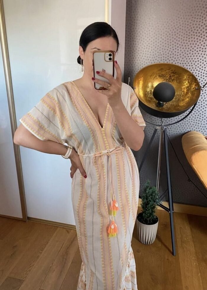 Summer maxi dress with embroidery, 100% cotton, tied at the waist, kimono sleeves - Image 3