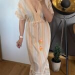 Summer maxi dress with embroidery, 100% cotton, tied at the waist, kimono sleeves