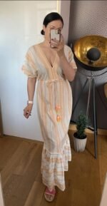 Summer maxi dress with embroidery, 100% cotton, tied at the waist, kimono sleeves