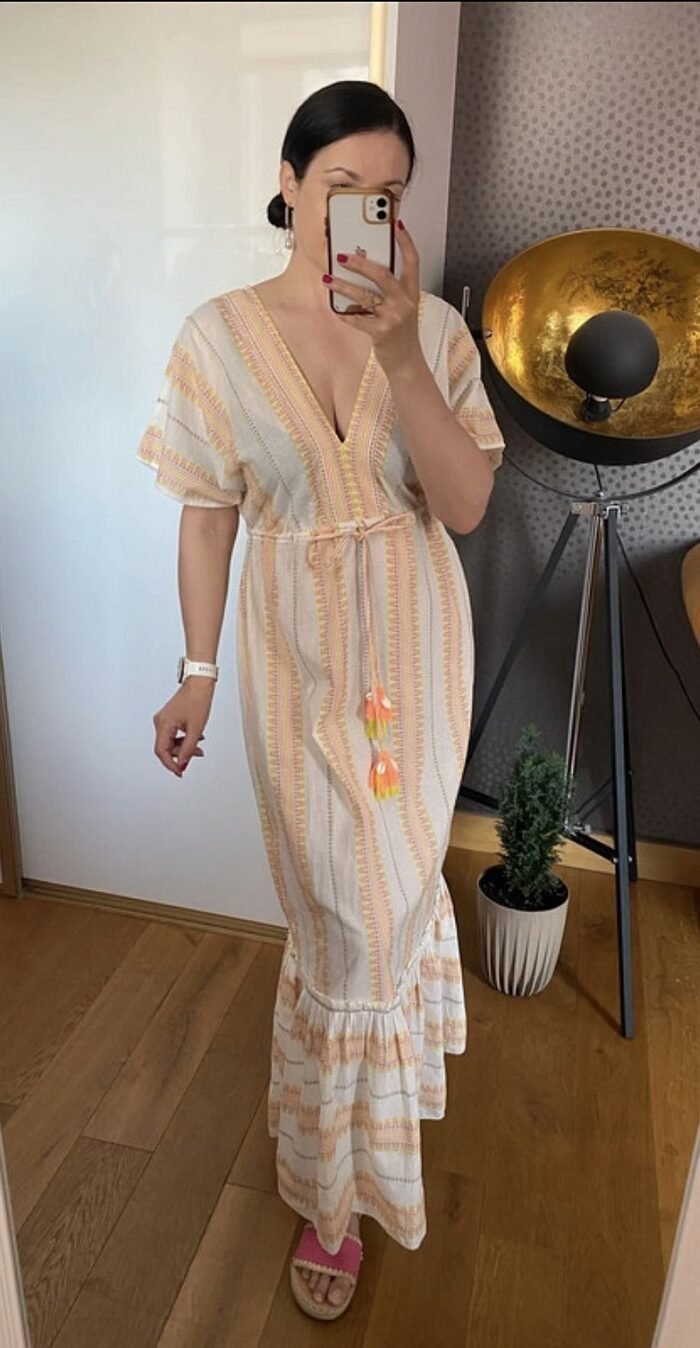 Summer maxi dress with embroidery, 100% cotton, tied at the waist, kimono sleeves - Image 2
