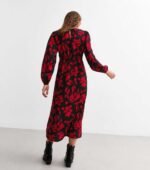 Black Woven Floral Print Slit Hem Midi Dress - Image 2