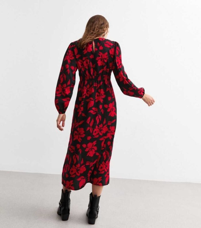 Black Woven Floral Print Slit Hem Midi Dress - Image 2