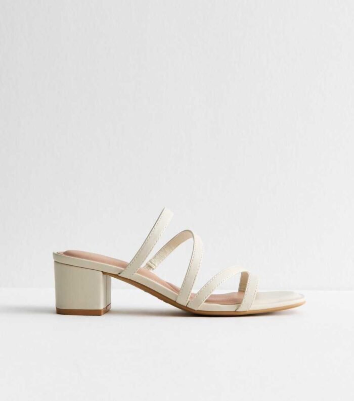 Off White Faux Leather Block Heel Mule Sandals - Image 3