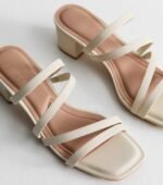 Off White Faux Leather Block Heel Mule Sandals