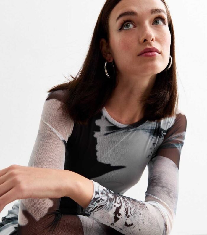 Black Floral Print Mesh Long Sleeve Midi Dress - Image 3