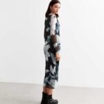 Black Floral Print Mesh Long Sleeve Midi Dress