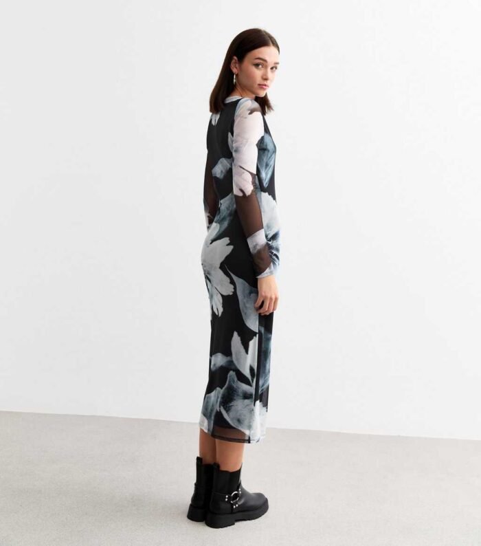 Black Floral Print Mesh Long Sleeve Midi Dress - Image 2